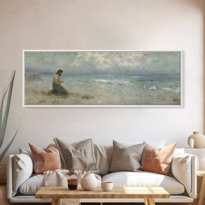 Gentle Shore Grace - Framed Canvas Print - Panoramic Frame - Christian Art Canvas - Jesus Painting - Christian Wall Art - Christmas Art
