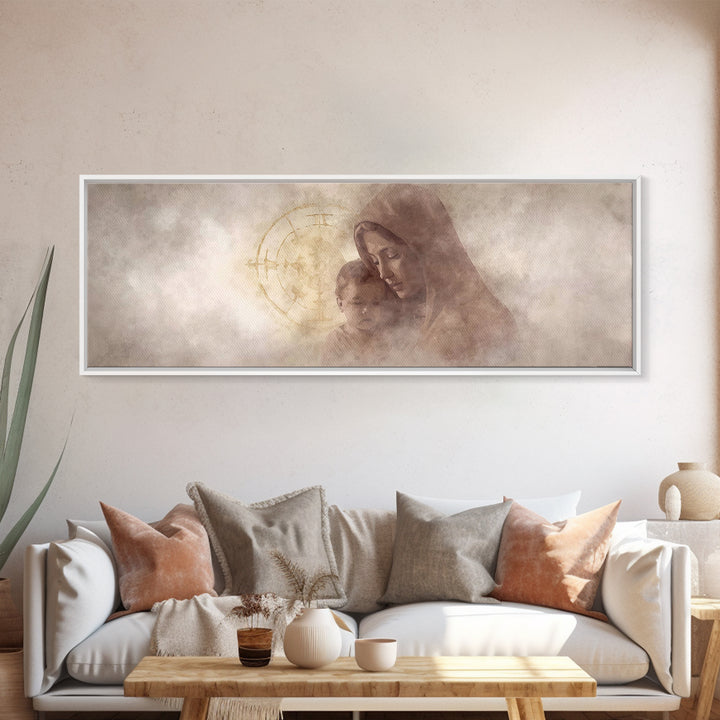 Motherly Devotion, Framed Canvas Print, Christian Wall Art, Panoramic Painting, Mary And Jesus Painting, Christian Art Canvas, Christmas Ar