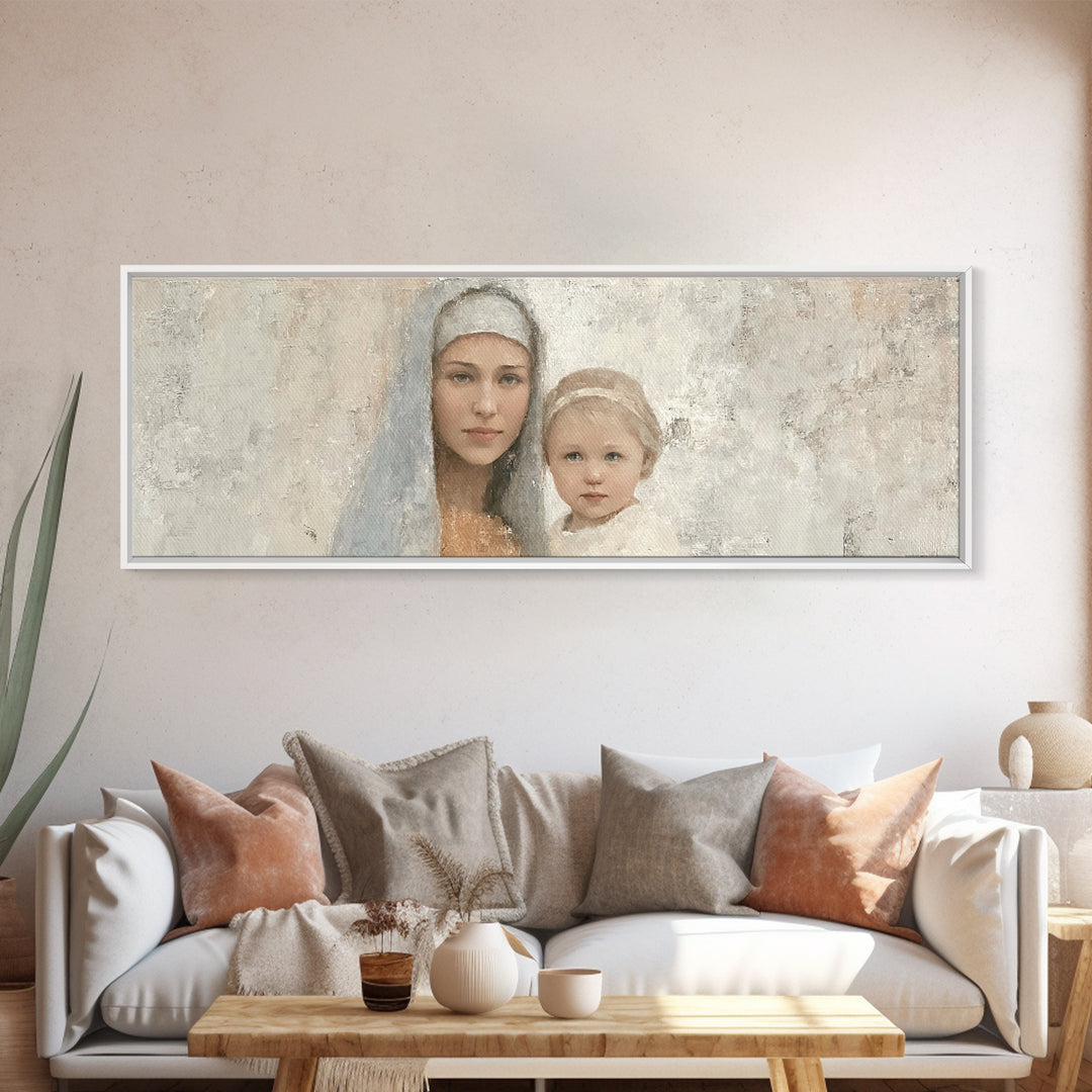 Sacred Tenderness - Framed Canvas Print - Panoramic Wall Art - Mary And Jesus Painting - Christian Art Canvas - Christian Wall Art - Christ