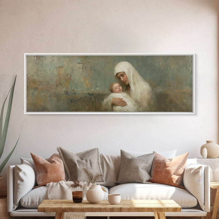 Silent Mercy Embrace - Framed Canvas Print - Panoramic Painting - Christian Wall Art - Mary And Jesus Painting - Christian Art Canvas - Chr