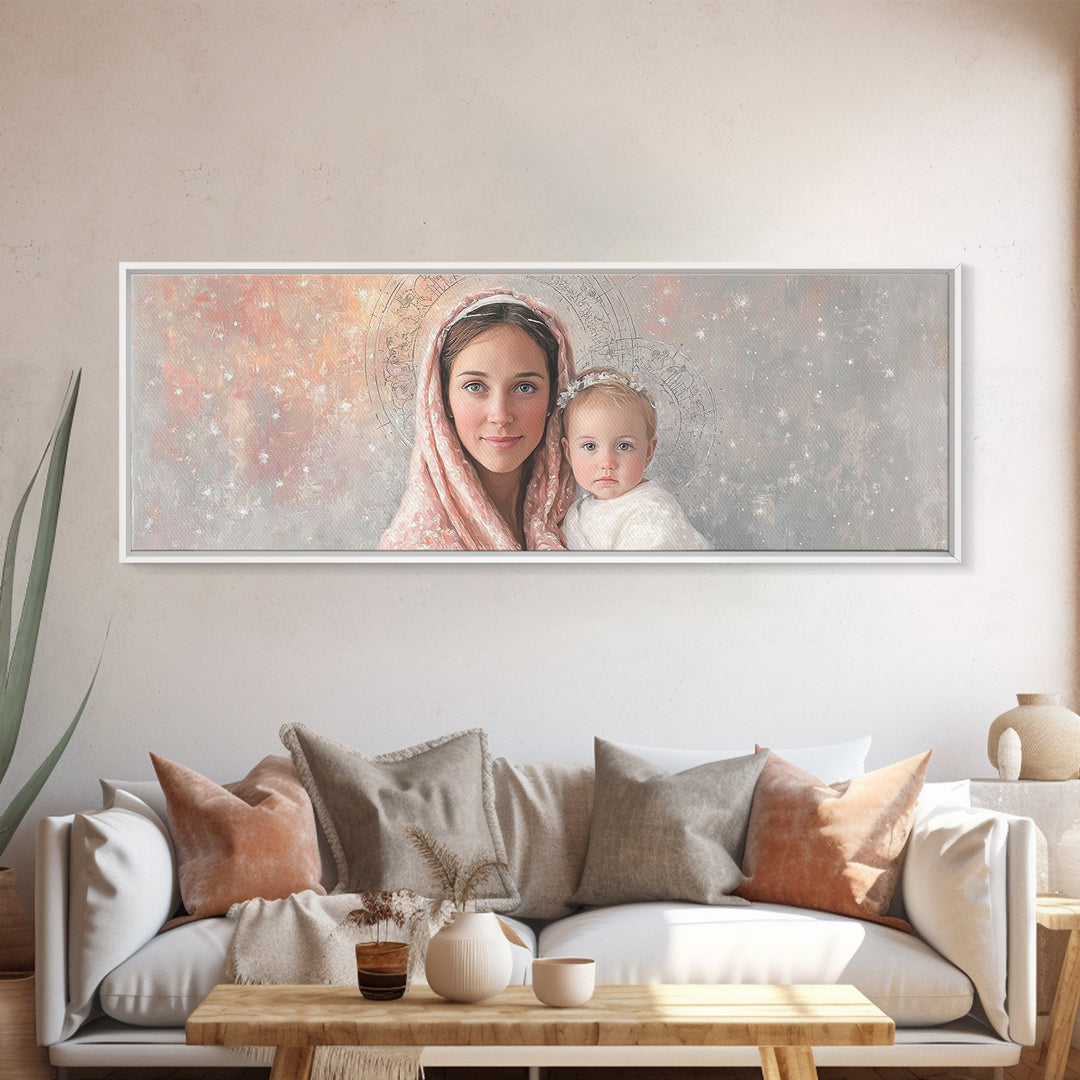 Radiant Holy Innocence | Framed Canvas Print | Panoramic Wall Art | Christian Art Canvas | Mary And Jesus Painting | Christian Christmas Ar