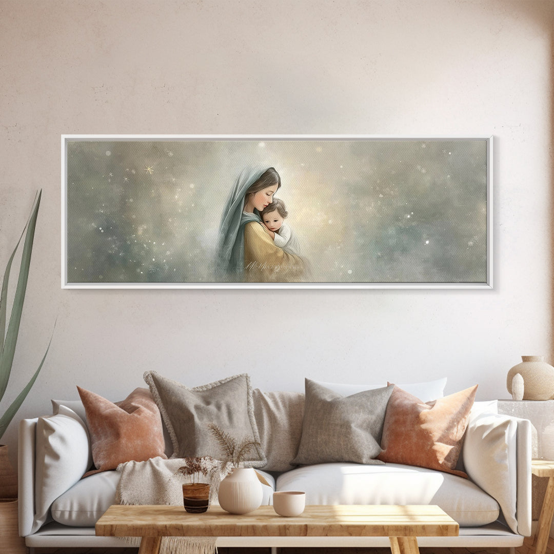 Starborn Grace Light, Framed Canvas Print, Panoramic Art, Christian Wall Art, Mary And Jesus Painting, Christian Art Canvas, Christmas Art