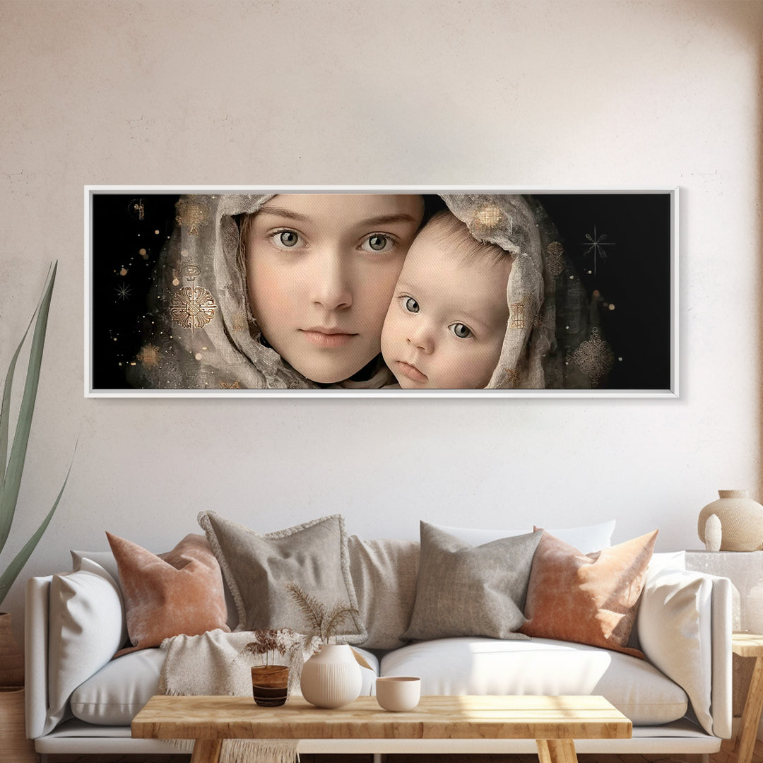 Gentle Heaven’s Hold - Framed Canvas Print - Panoramic Frame - Christian Art Canvas - Mary And Jesus Painting - Christian Wall Art - Christ