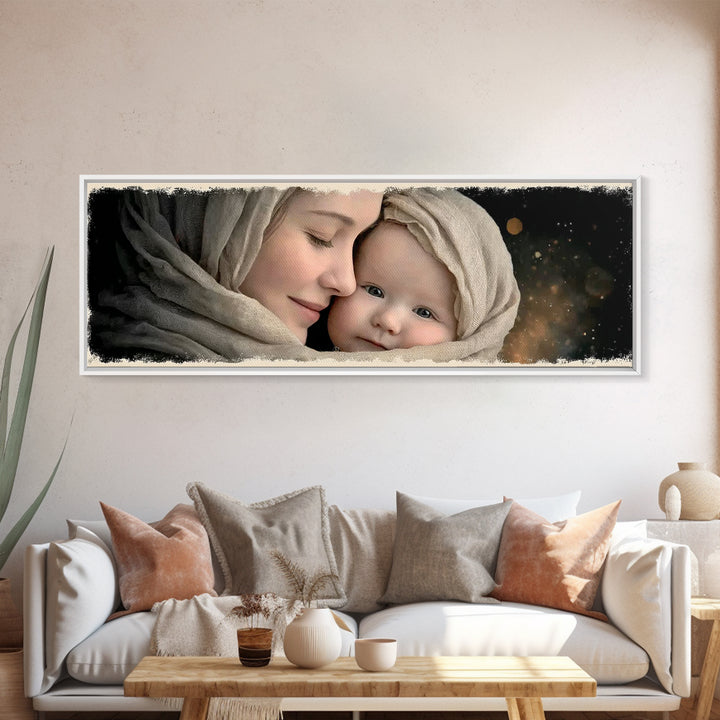 Timeless Sacred Gaze | Framed Canvas Print | Panoramic Painting | Mary And Jesus Painting | Christian Art Canvas | Christian Christmas Art