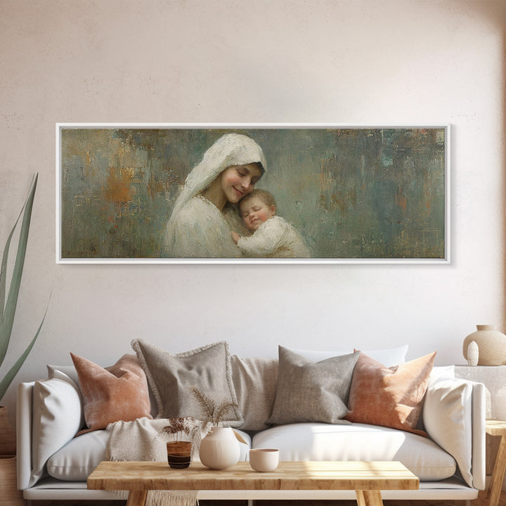 Holy Tender Joy, Framed Canvas Print, Panoramic Wall Art, Christian Art Canvas, Mary And Jesus Painting, Christmas Art, Christian Wall Art