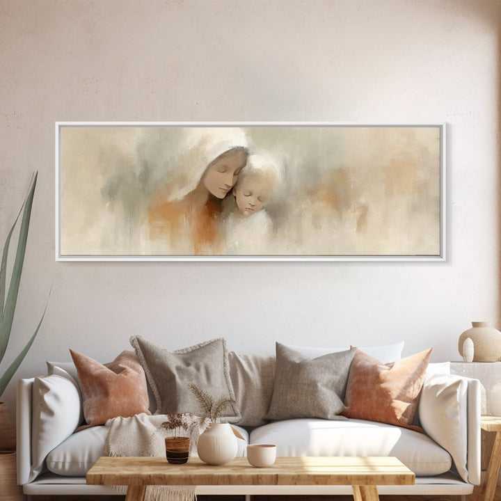 Hushed Bethlehem Love - Framed Canvas Print - Panoramic Print - Christian Wall Art - Mary And Jesus Painting - Christian Art Canvas - Chris