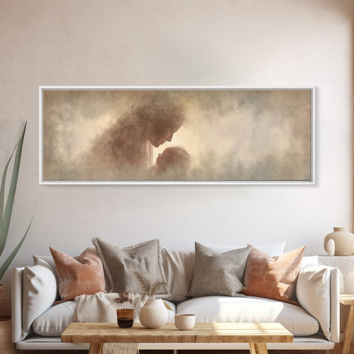Celestial Motherhood Glow | Framed Canvas Print | Panoramic Art | Christian Art Canvas | Mary And Jesus Painting | Christian Wall Art | Chr