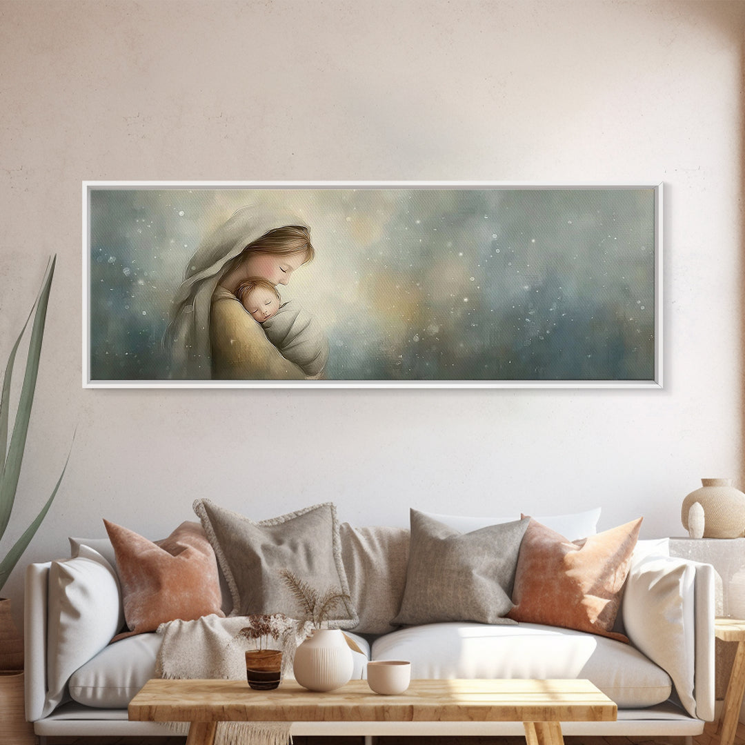 Blessed Winter Warmth, Framed Canvas Print, Panoramic Painting, Christian Art Canvas, Mary And Jesus Painting, Christian Wall Art, Christma