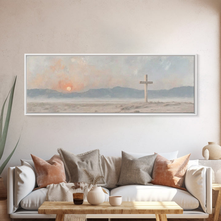 Quiet Cross Morning, Framed Canvas Print, Panoramic Painting, Christian Wall Art, Christian Art Canvas, Modern Christian Art, Christian Dec