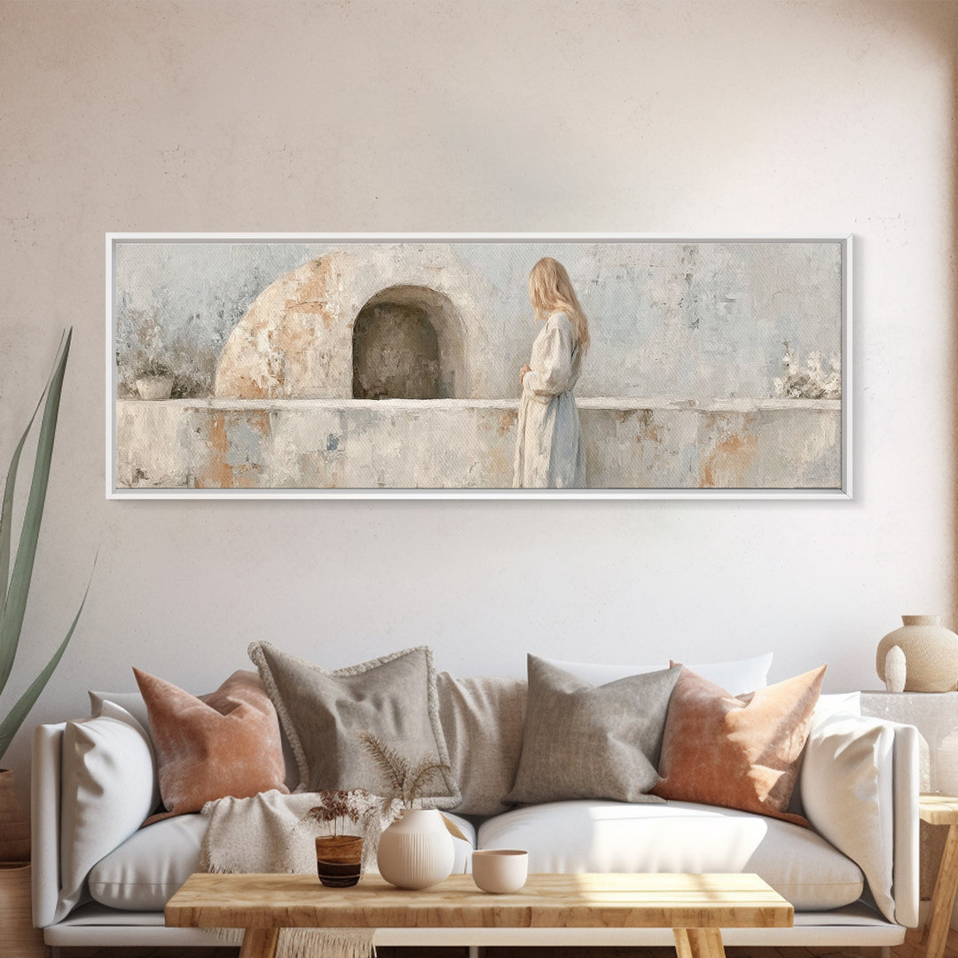 Quiet Tomb Vigil – Framed Canvas Print – Panoramic Painting – Christian Art Canvas – Christian Wall Art – Subtle Christian Art – Jesus Chri