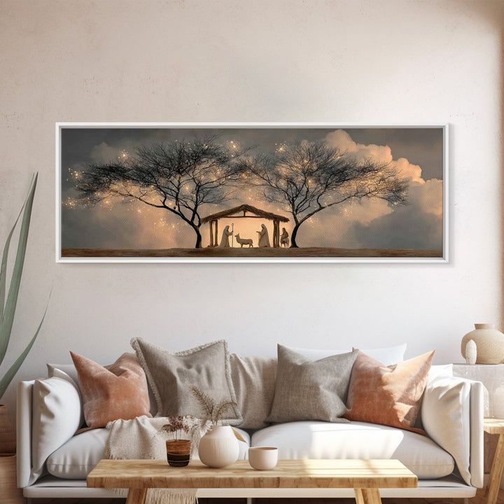 Evening Nativity Glow – Framed Canvas Print – Extra Wide Art – Christian Art – Christian Art Canvas – Christmas Wall Art – Jesus Christmas