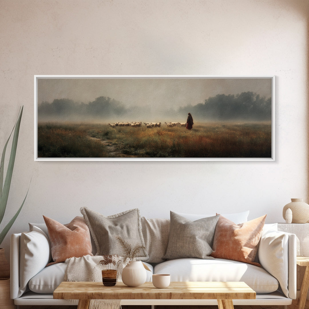 Misty Shepherd Field | Framed Canvas Print | Panoramic Painting | Christian Art Print | Christian Wall Art | Jesus Painting | Subtle Christ