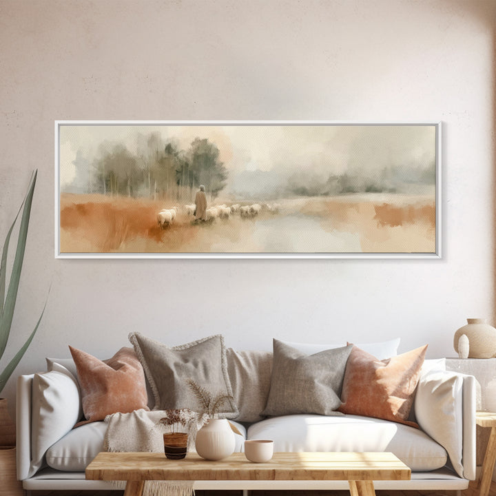 Gentle Pasture Walk, Framed Canvas Print, Panoramic Wall Art, Christian Art Canvas, Christian Art, Modern Christian Art, Jesus Painting, Ch