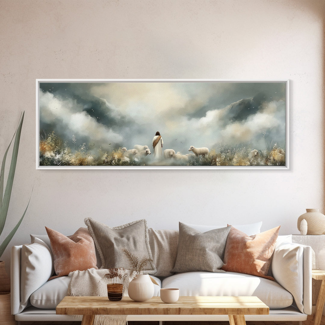 Hillside Shepherd Peace – Framed Canvas Print – Panoramic Frame – Christian Art – Christian Art Prints – Jesus Painting – Christian Wall Ar