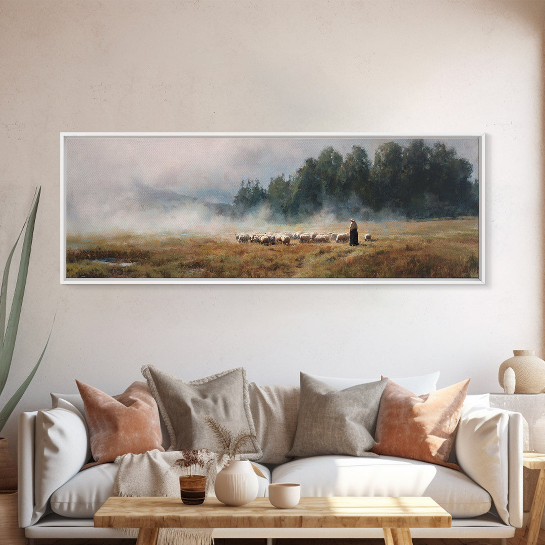 Morning Pasture Stillness | Framed Canvas Print | Panoramic Print | Christian Wall Art | Christian Art Canvas | Jesus Painting | Christian