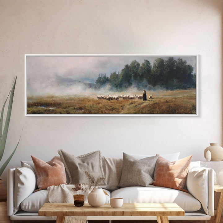 Morning Pasture Stillness | Framed Canvas Print | Panoramic Print | Christian Wall Art | Christian Art Canvas | Jesus Painting | Christian