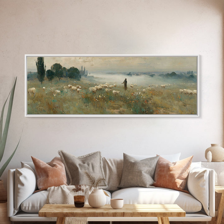 Wildflower Shepherd Path, Framed Canvas Print, Panoramic Art, Christian Wall Art, Jesus Painting, Christian Art Canvas, Vintage Christian A