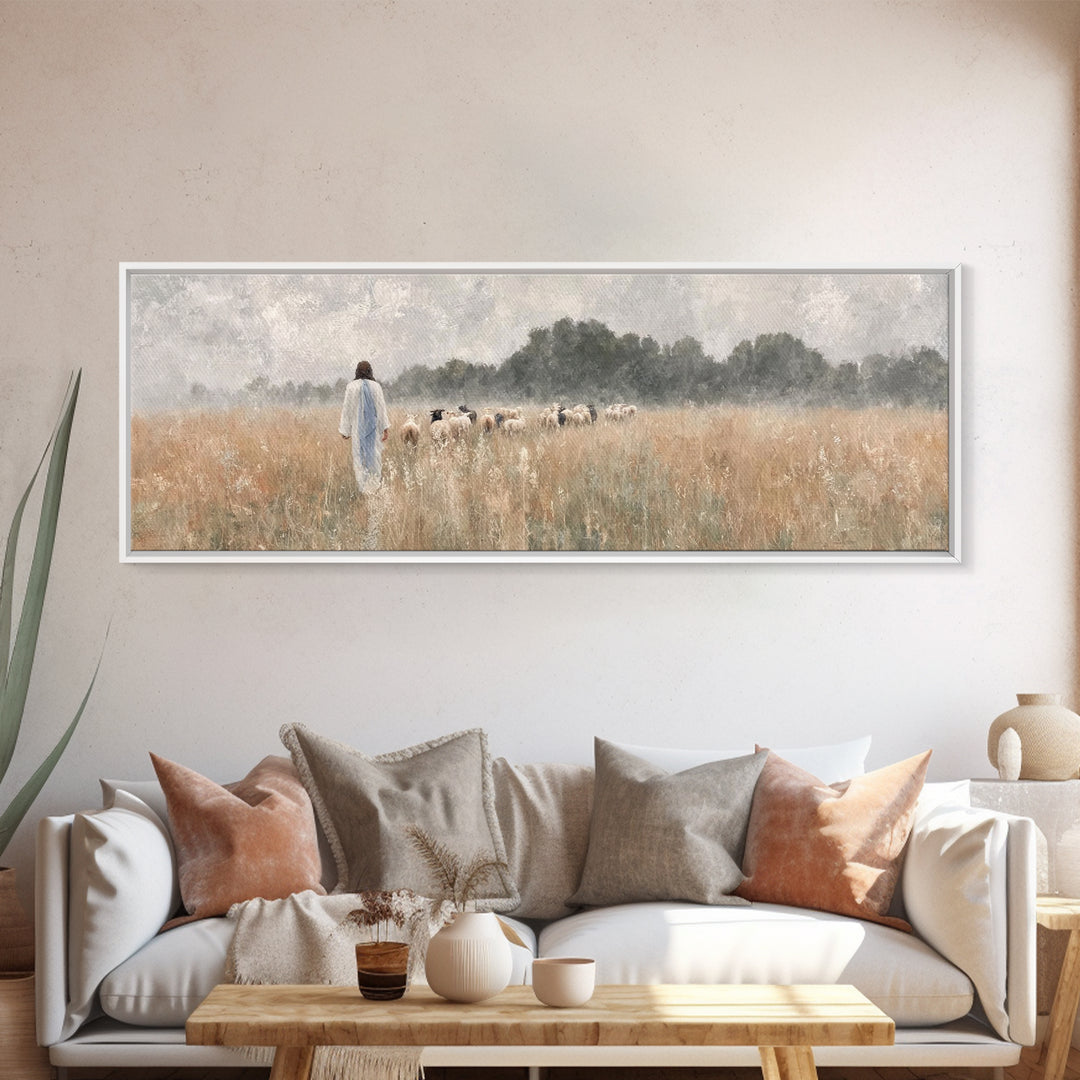 Golden Field Shepherd | Framed Canvas Print | Panoramic Wall Art | Christian Art | Jesus Painting | Christian Art Canvas | Modern Christian