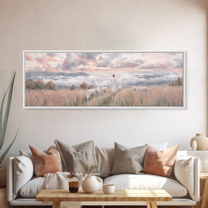 Heavenward Pasture Light, Framed Canvas Print, Panoramic Painting, Christian Art, Jesus Painting, Christian Art Canvas, Christian Wall Art,