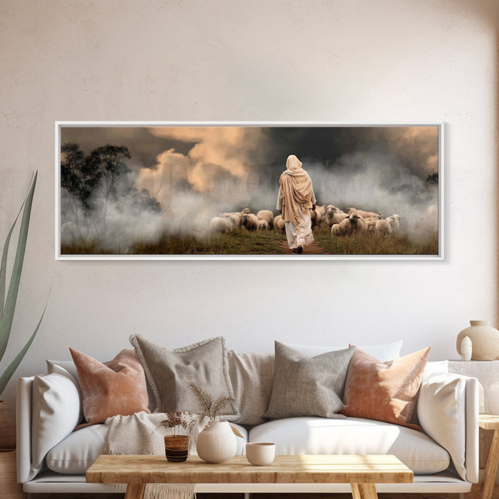 Twilight Shepherd Journey – Framed Canvas Print – Panoramic Art – Christian Art Canvas – Jesus Painting – Christian Wall Art – Moody Christ