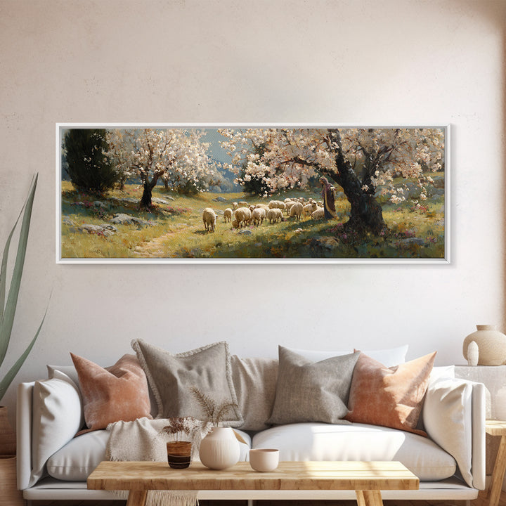 Shepherds At Dawn | Framed Canvas Print | Christian Art Canvas | Jesus Wall Art | Panoramic Painting | Christian Christmas Art | Christian