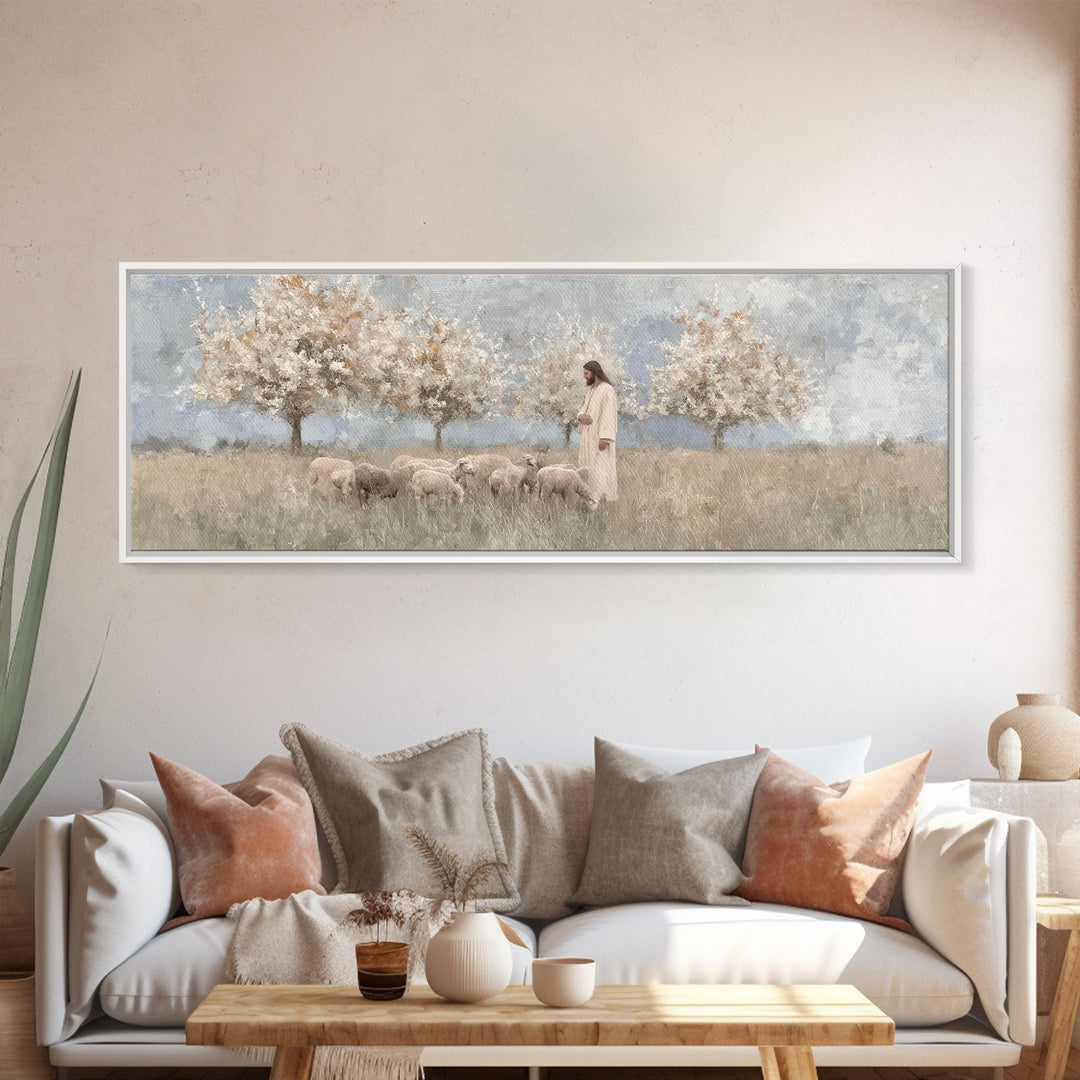 The Gentle Shepherd, Framed Canvas Print, Christian Art, Jesus Painting, Panoramic Wall Art, Christian Art Canvas, Christmas Art