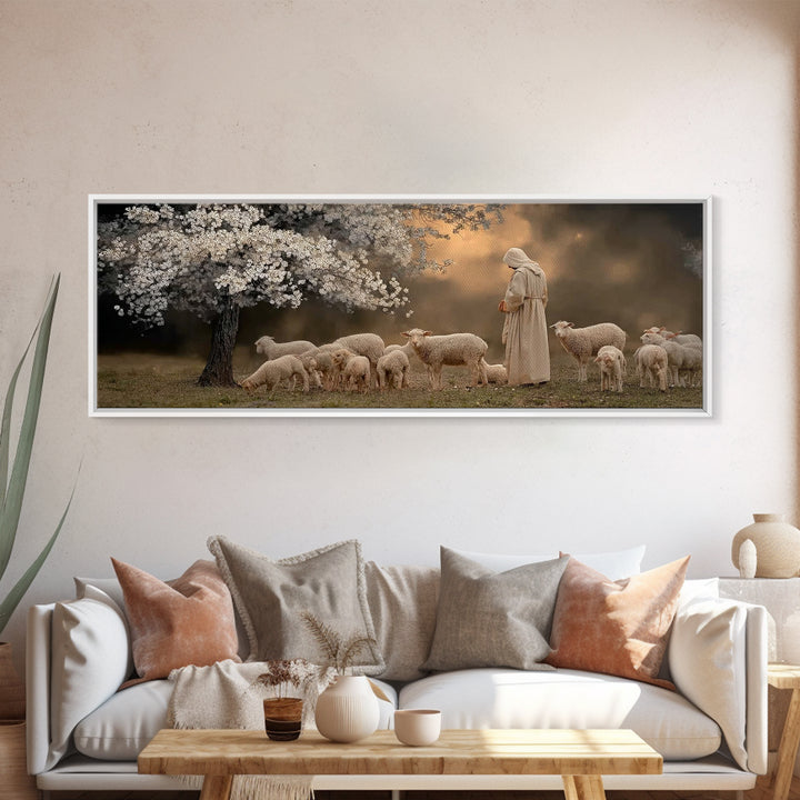 Springtime Shepherd, Framed Canvas Print, Christian Wall Art, Jesus Painting, Panoramic Painting, Christian Art Canvas, Christian Christmas