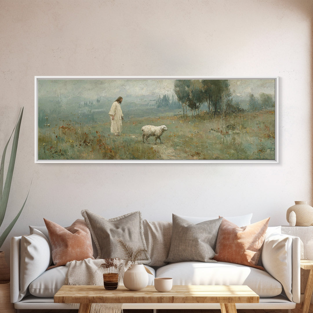Verdant Grace Field, Framed Canvas Print, Panoramic Art, Christian Wall Art, Christian Art Canvas, Jesus Painting, Christmas Art