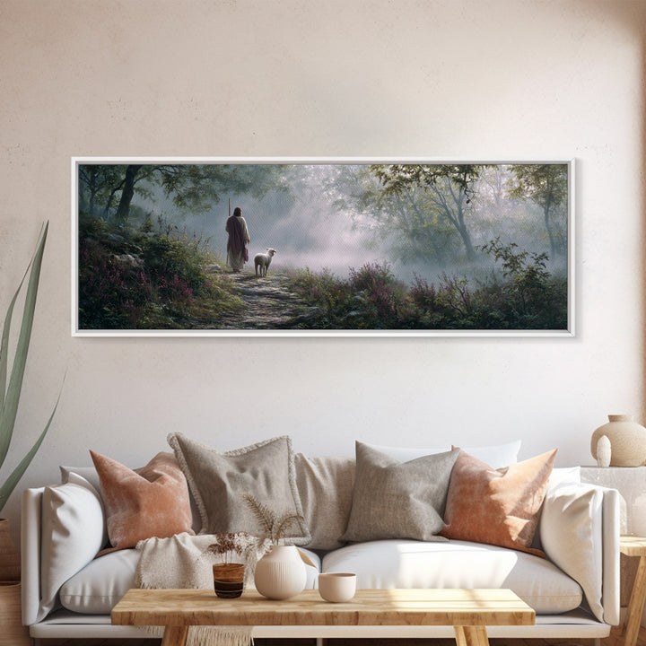 Forest Dawn Path, Framed Canvas Print, Panoramic Painting, Christian Wall Art, Jesus Painting, Christian Art Canvas, Christian Christmas Ar