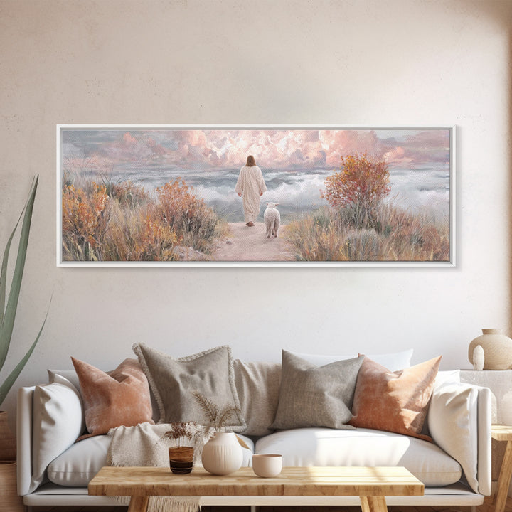 Golden Horizon Walk | Framed Canvas Print | Panoramic Frame | Christian Wall Art | Jesus Painting | Christian Art Canvas | Christmas Art