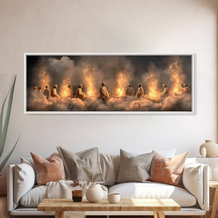 Sacred Fire Assembly, Framed Canvas Print, Christian Wall Art, Jesus Painting, Christian Art Canvas, Panoramic Art, Christian Christmas Art