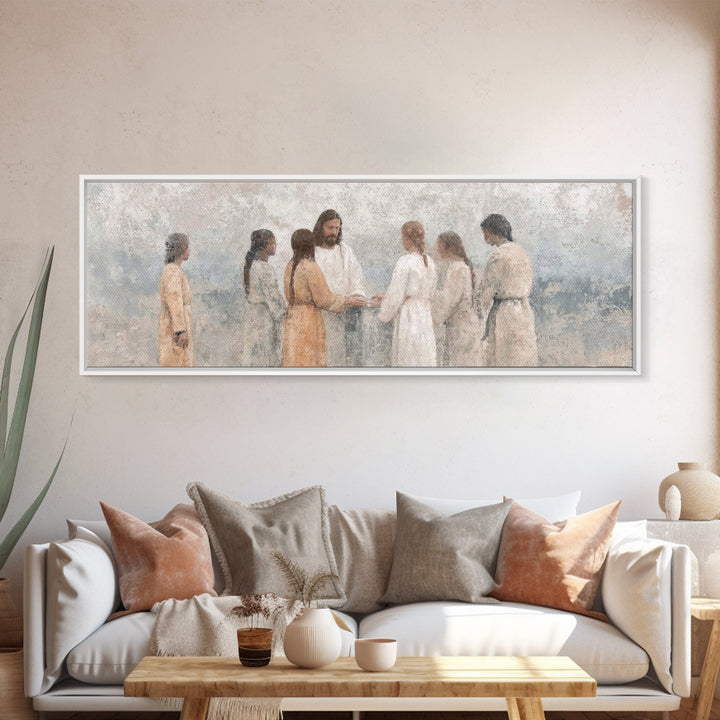 Temple Hearth Gathering, Framed Canvas Print, Christian Art, Christian Art Canvas, Jesus Painting, Panoramic Art, Christian Christmas Art