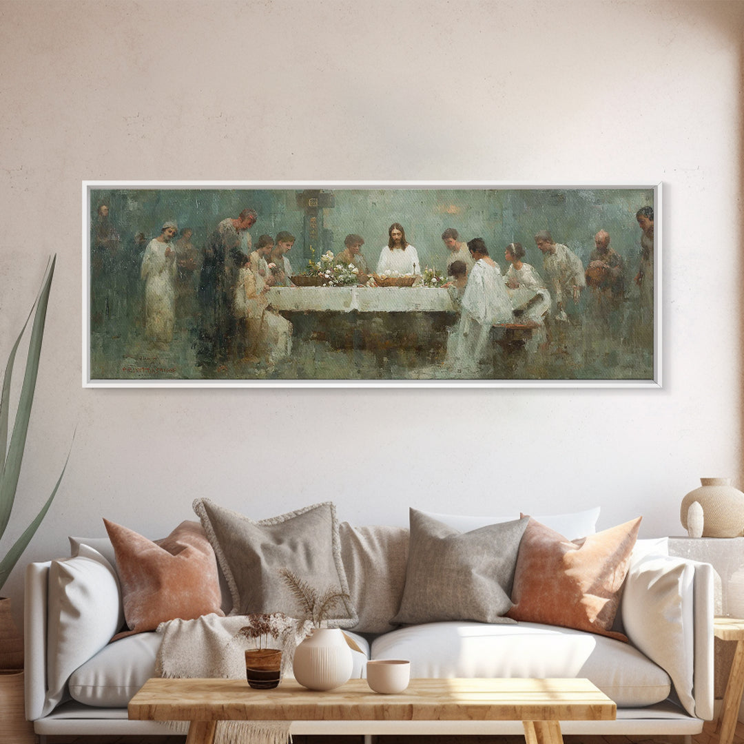 Sacred Table Gathering | Framed Canvas Print | Christian Wall Art | Panoramic Art | Christian Art Canvas | Jesus Painting | Christian Chris