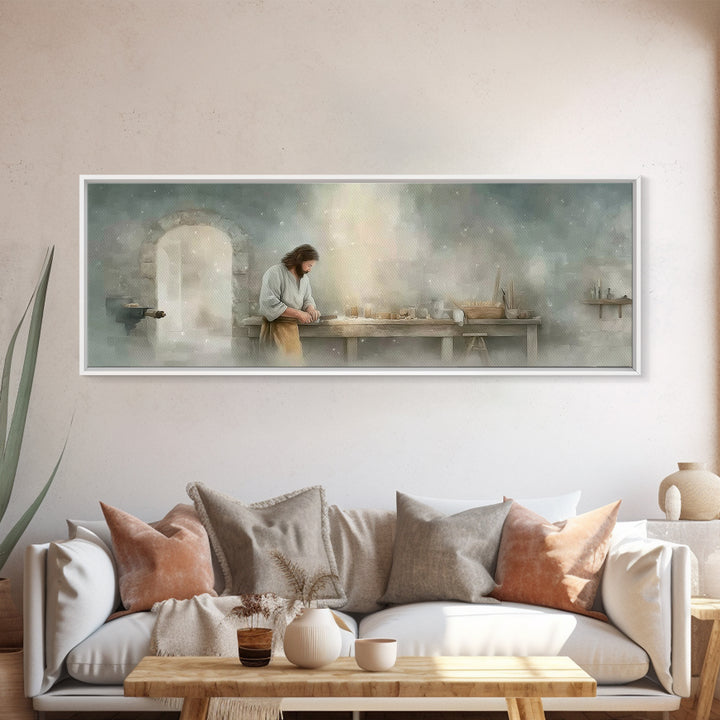 Holy Workbench Glow | Framed Canvas Print | Christian Wall Art | Panoramic Painting | Christian Art Canvas | Jesus Painting | Christian Art