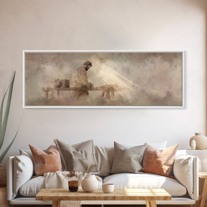 Radiant Carpenter Dawn, Framed Canvas Print, Christian Wall Art, Jesus Painting, Panoramic Wall Art, Christian Art Canvas, Christian Art