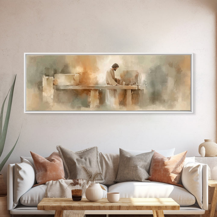 Heavenly Carpenter – Framed Canvas Print – Christian Wall Art – Christian Art Canvas – Jesus Painting – Panoramic Art – Christian Christmas
