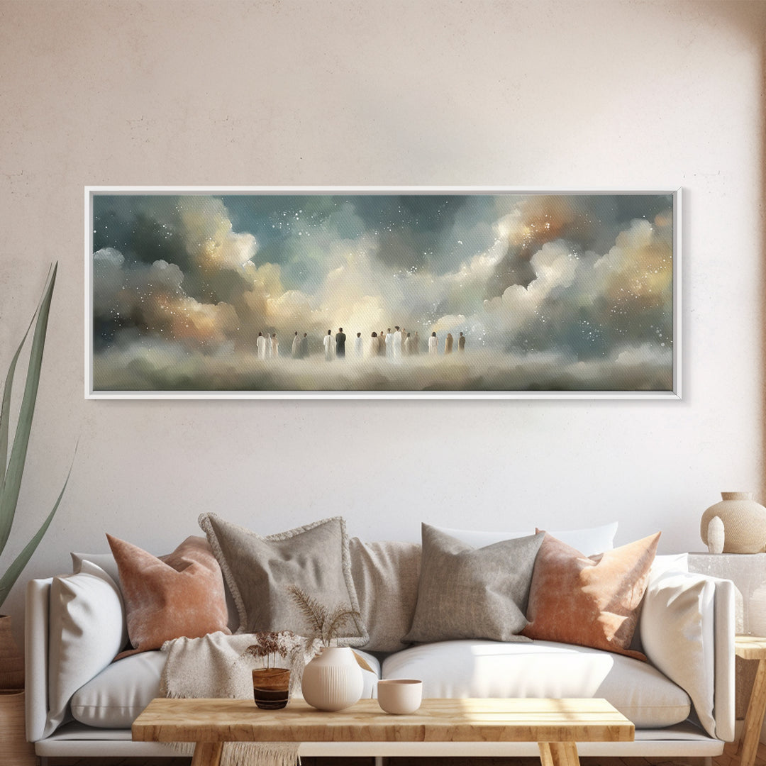 Cloudborne Assembly | Framed Canvas Print | Christian Art Canvas | Christian Wall Art | Panoramic Wall Art | Christian Painting | Christmas