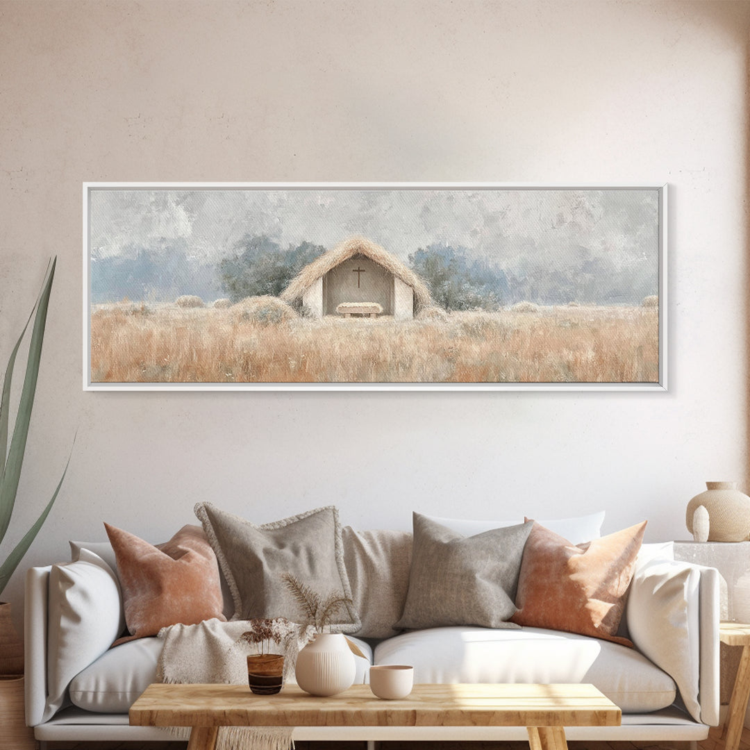 Fieldside Manger | Framed Canvas Print | Christian Wall Art | Christian Art Canvas | Panoramic Art | Christmas Art | Christian Christmas De