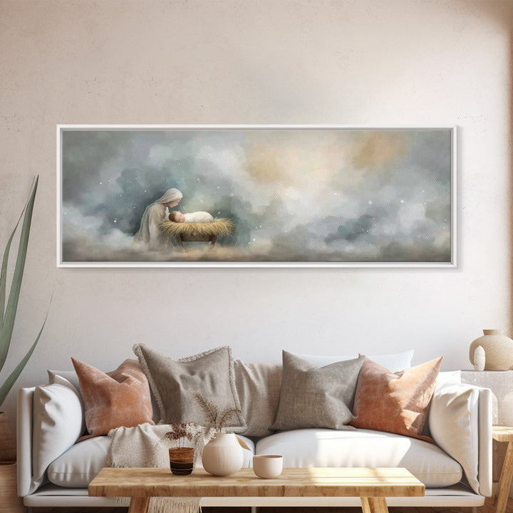 Mary’s Vigil, Framed Canvas Print, Christian Art Canvas, Christian Wall Art, Panoramic Painting, Jesus Christmas Art, Christian Gift