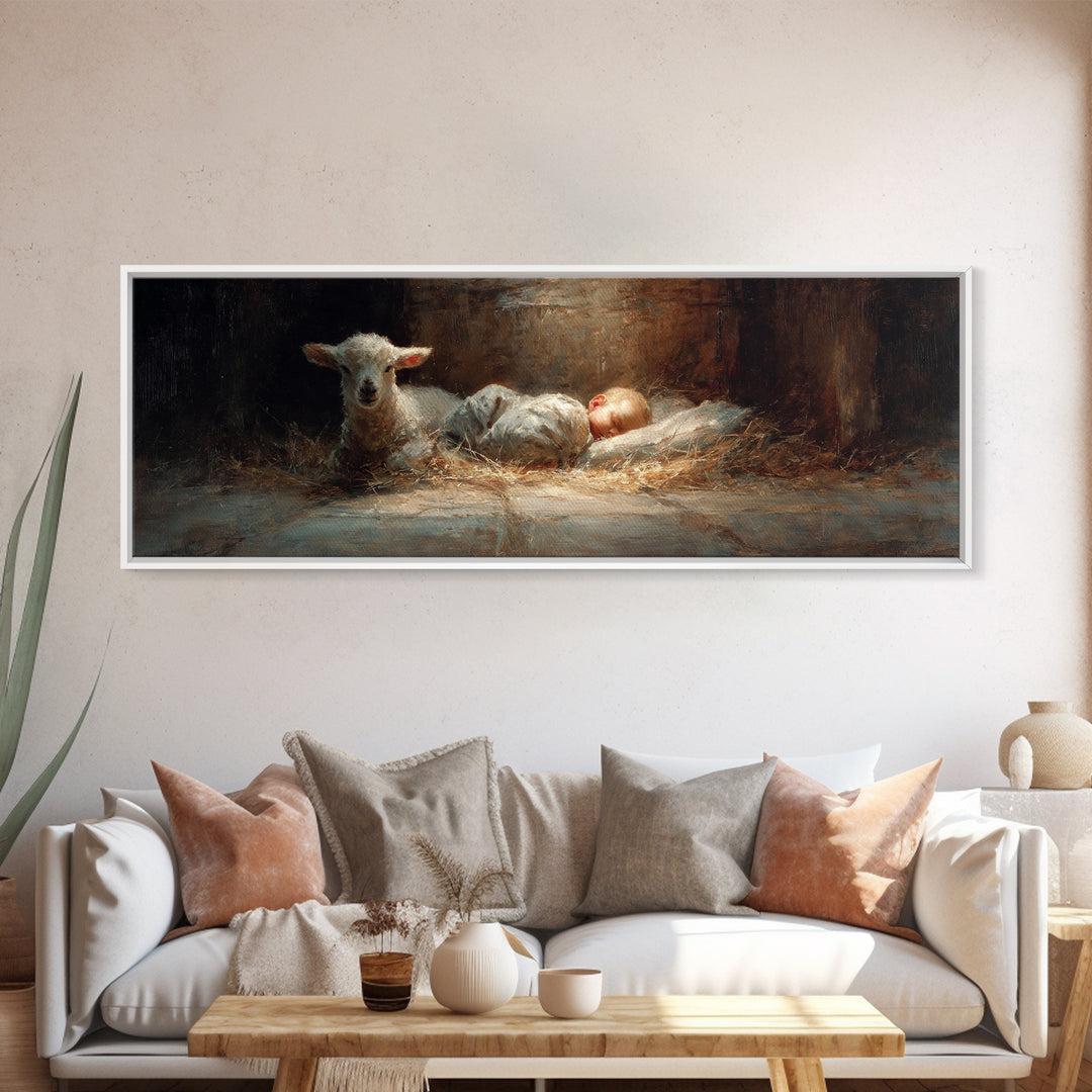 Lamb Of Peace – Framed Canvas Print – Christian Art Canvas – Christian Wall Art – Panoramic Wall Art – Jesus Painting – Christian Christmas
