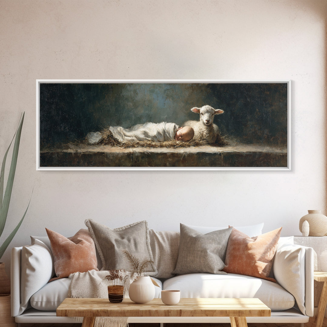 Sacred Slumber | Framed Canvas Print | Christian Art Canvas | Christian Wall Art | Panoramic Frame | Jesus Painting | Christmas Art