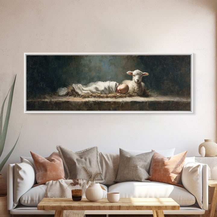 Sacred Slumber | Framed Canvas Print | Christian Art Canvas | Christian Wall Art | Panoramic Frame | Jesus Painting | Christmas Art