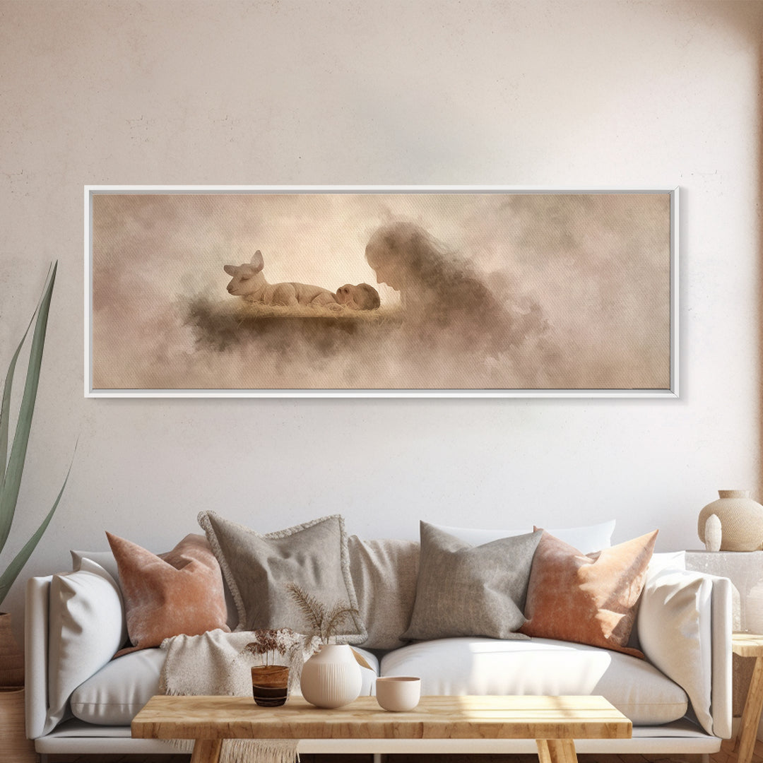 Silent Manger Light | Framed Canvas Print | Christmas Wall Art | Christian Art Canvas | Christian Christmas Art | Panoramic Print | Jesus P