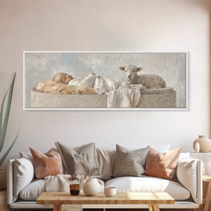 Holy Cradle Calm, Framed Canvas Print, Christian Wall Art, Christian Art Canvas, Christmas Art, Panoramic Painting, Jesus Christmas Art