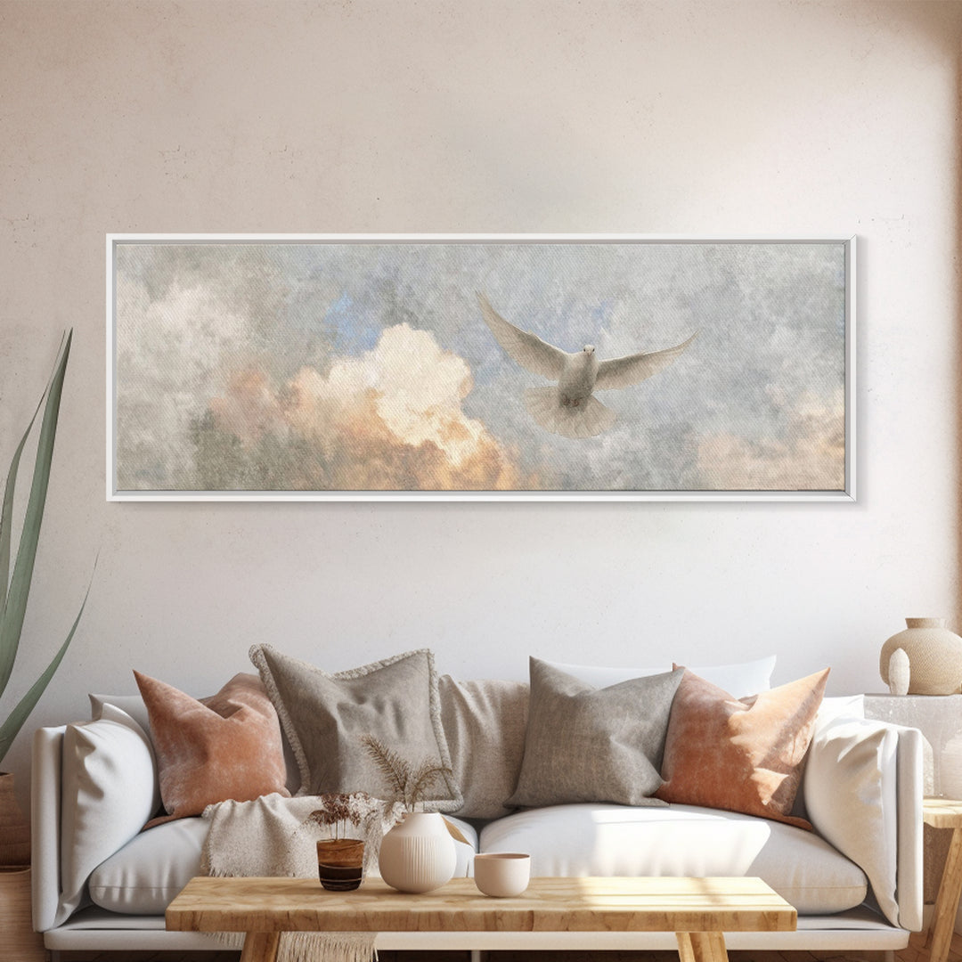 Dove Of Glory, Framed Canvas Print, Christian Art Canvas, Christian Wall Art, Panoramic Art, Christian Christmas Art, Modern Christian Art