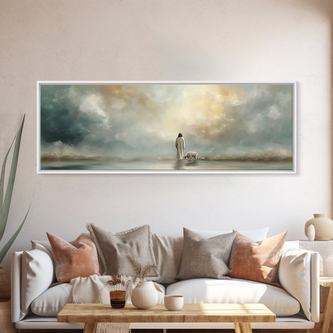 Heavenly Pasture Light | Framed Canvas Print | Panoramic Painting | Christian Wall Art | Christian Art Canvas | Jesus Art Print | Christian