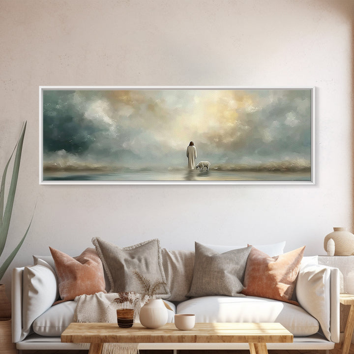 Heavenly Pasture Light | Framed Canvas Print | Panoramic Painting | Christian Wall Art | Christian Art Canvas | Jesus Art Print | Christian