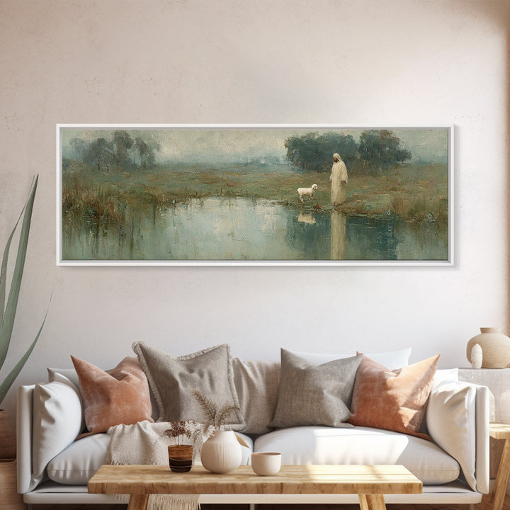 Still Waters Calling, Framed Canvas Print, Panoramic Wall Art, Christian Art Canvas, Christian Wall Art, Jesus Painting, Christian Decor