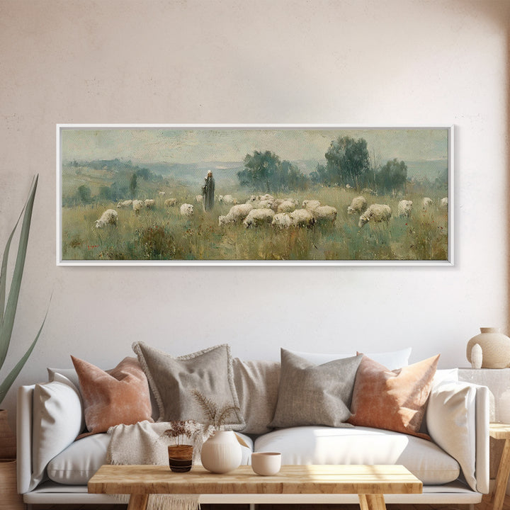 Pastoral Daybreak, Framed Canvas Print, Panoramic Art, Christian Wall Art, Christian Art Canvas, Christian Painting, Jesus Wall Art