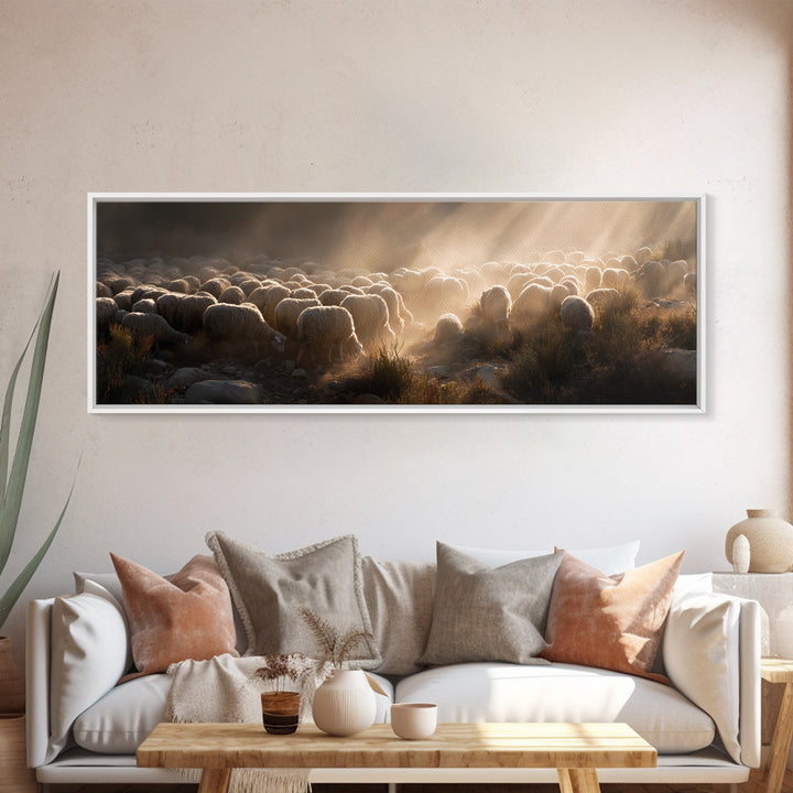 Radiant Shepherd Light – Framed Canvas Print – Panoramic Painting – Christian Wall Art – Christian Art Canvas – Christian Decor – Jesus Pai